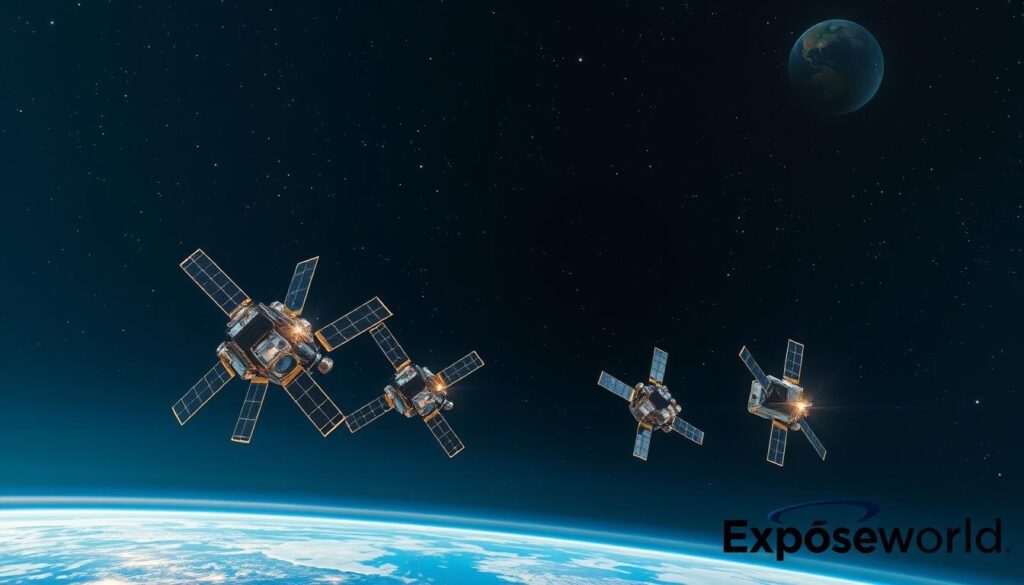 A dramatic view of Starlink low Earth orbit satellites in a starry night sky. In the foreground, a cluster of sleek, metallic satellites are positioned dynamically, showcasing their solar panels and antennae gleaming under bright starlight. The middle ground features Earth’s curved horizon illuminated by city lights, while the vast expanse of space stretches endlessly in the background, dotted with distant stars. The scene captures a sense of technological advancement and connectivity, emphasizing the role of satellites in global communication. Use a wide-angle lens to enhance the depth, with a slightly upward angle to portray the satellites in their orbit. The atmosphere is serene yet awe-inspiring, reflecting innovation and the future of connectivity. Include the Exposeworld logo in the bottom-right corner, keeping it small and subtle.