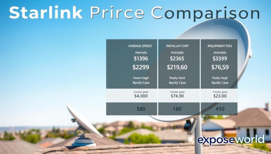 A highly detailed and visually engaging image depicting a Starlink price comparison. In the foreground, a sleek, modern satellite dish mounted on a roof against a clear blue sky. In the middle, an infographic-style presentation showing various pricing tiers for Starlink services, with charts illustrating average speeds, installation costs, and equipment fees. The background features a picturesque suburban landscape, enhancing the idea of home connectivity. The lighting is bright and sunny, conveying a sense of positivity and innovation. The atmosphere is informative yet inviting. Include the Exposeworld logo subtly in the bottom-right corner in a small size, ensuring it does not distract from the main visual elements.
