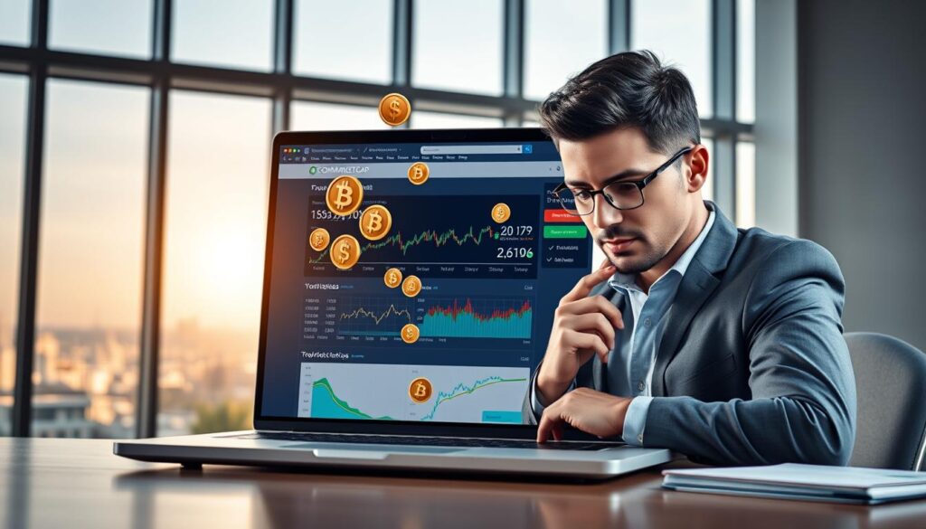 A modern digital workspace featuring a sleek laptop open to the CoinMarketCap website, displaying vibrant cryptocurrency graphs and charts. In the foreground, a confident, professional-looking person in business attire analyzes the screen, demonstrating an engaged focus on cryptocurrency trading. The middle layer includes floating digital coins and icons symbolizing various cryptocurrencies, adding depth and context. In the background, a large window reveals a city skyline, bathed in soft natural light that suggests an optimistic morning. The overall atmosphere is one of professionalism and innovation, reflecting the theme of being free and safe to use while engaging with cryptocurrency tools. The setting should be tidy, organized, and well-lit, invoking a sense of trust and reliability in digital finance.