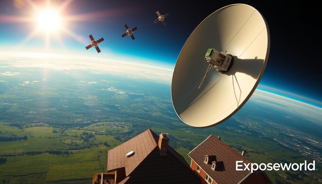 A wide-angle view of a Starlink satellite network in orbit, showcasing several satellites gracefully positioned above Earth, with visible connections of high-speed internet signals. In the foreground, a sleek satellite dish is set against a vibrant blue sky, catching sunlight, with lush green fields below to symbolize rural accessibility. The middle ground features a satellite dish on a modest home roof, illustrating home internet connectivity. The background displays a serene Earth, with glimmers of city lights at night, representing global availability. The lighting is bright and optimistic, conveying innovation and reliability. The mood is futuristic and hopeful. A subtle Exposeworld logo placed in the bottom-right corner.